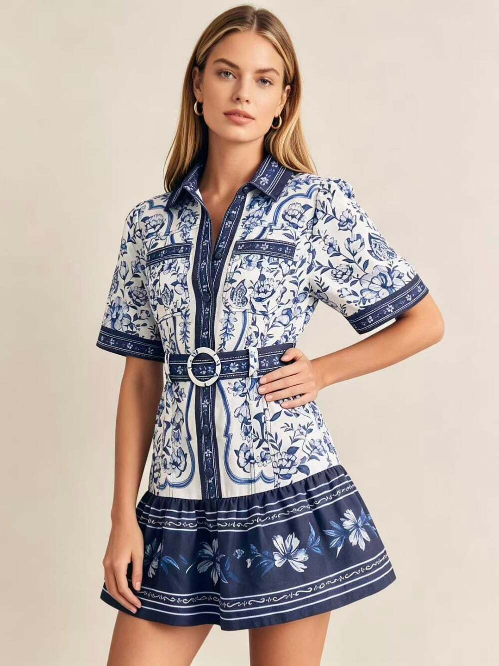 NWOT Farm Rio Linen Off-White and Blue Floral Print Mini Dress Size XS